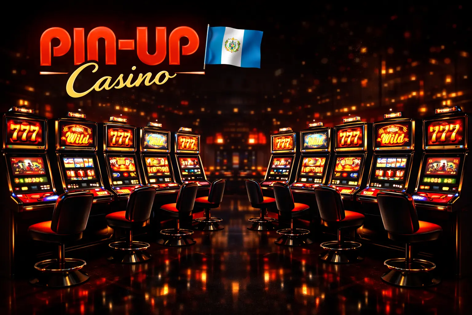 Sala de tragamonedas de PIN-UP Casino sin personas, composición simétrica con máquinas iluminadas en colores rojo y dorado, ambiente moderno y elegante, logotipo visible y bandera de Guatemala.