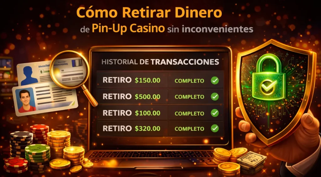 Infografía sobre cómo retirar dinero de Pin-Up Casino sin inconvenientes, destacando la verificación de identidad, métodos de pago seguros y el historial de transacciones como garantía de transparencia.